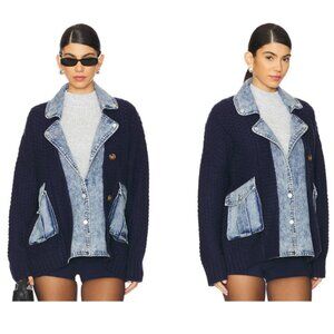 BLANKNYC Top Pick Blue Last Call Mixed Media Cardigan Sweater